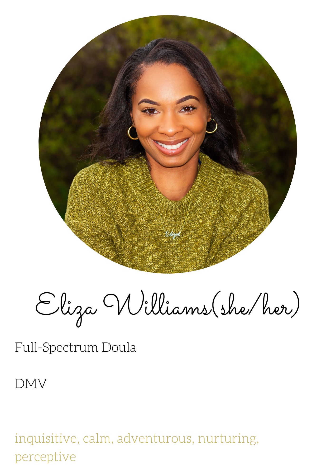 Eliza Williams she/her full spectrum doula DMV